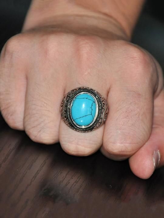 Men Silver-Plated Blue Stone Studded Oxidized Ring - Rugged Lizard