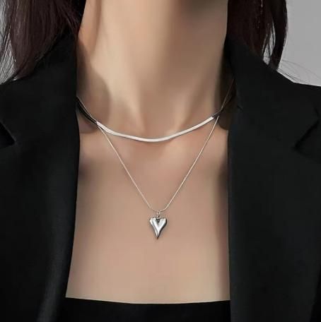 Double Layered Love Heart Pendant Necklace for Women Simple Neck Chain Jewelry - Rugged Lizard