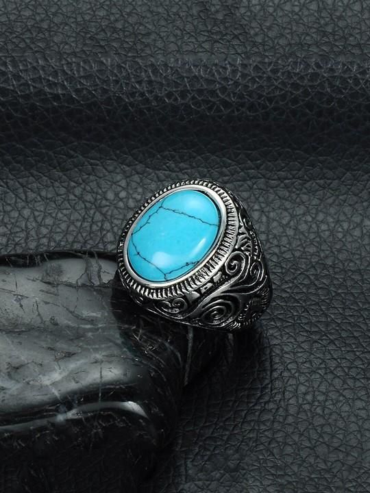 Men Silver-Plated Blue Stone Studded Oxidized Ring - Rugged Lizard