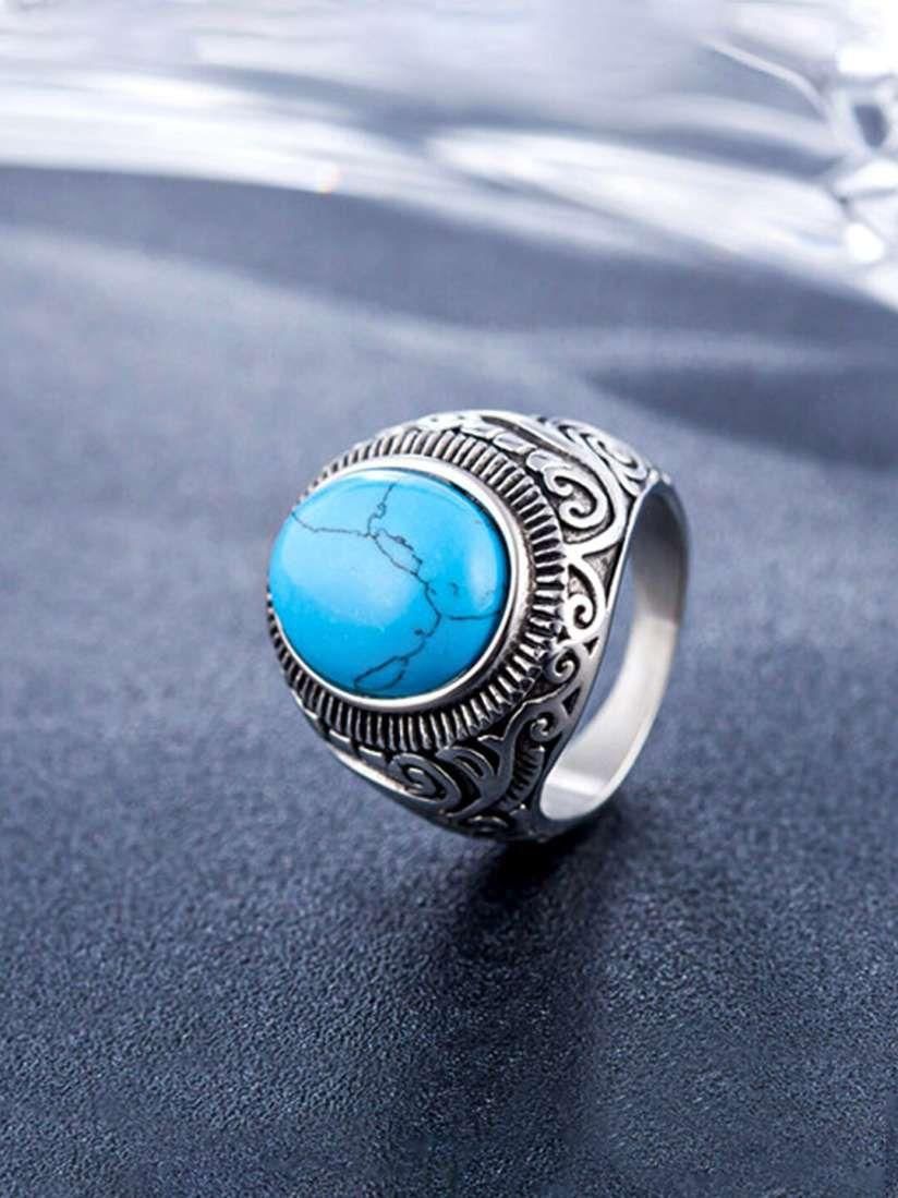 Men Silver-Plated Blue Stone Studded Oxidized Ring - Rugged Lizard