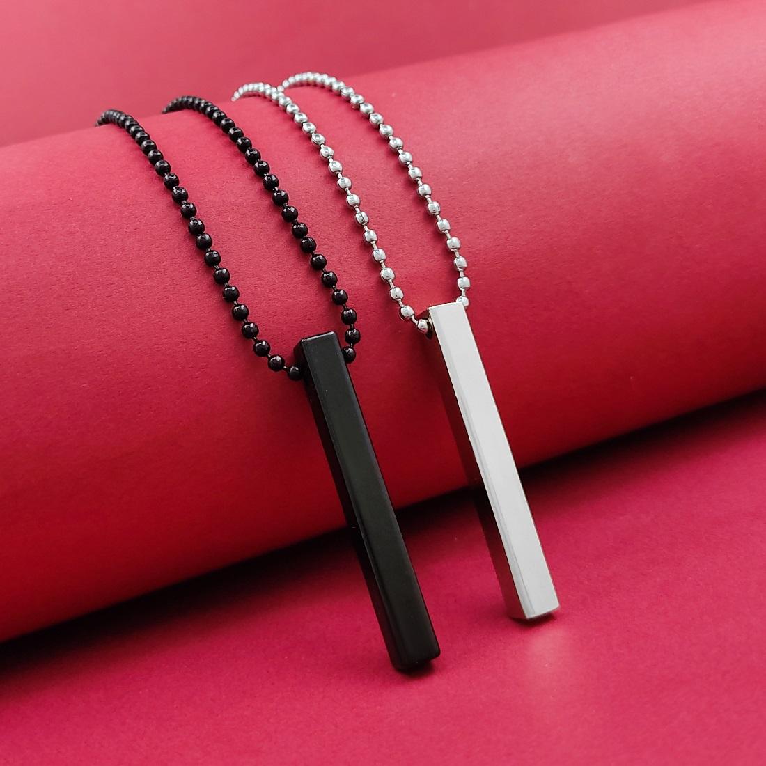 Stylish Silver- Black 3D Vertical Bar Cuboid Stick Locket Pendant Necklace Silver, Rhodium Alloy Locket Set - Rugged Lizard