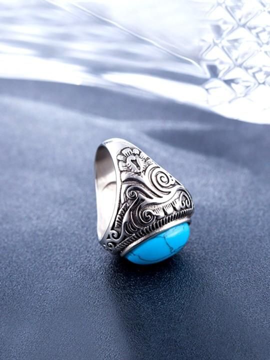 Men Silver-Plated Blue Stone Studded Oxidized Ring - Rugged Lizard