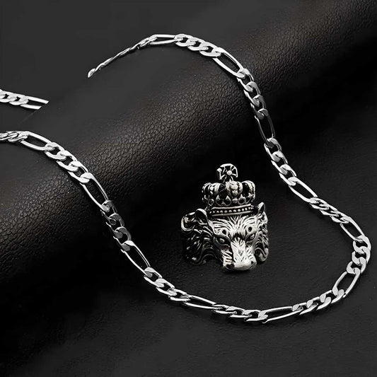 Silver plated chain with silver plated KGF LION shape adjustable ring combo set Rhodium Plated Stainless Steel Chain - Rugged Lizard