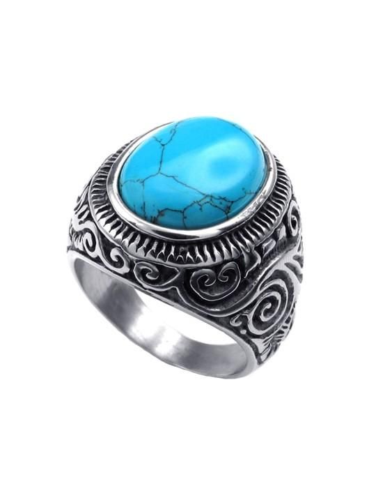 Men Silver-Plated Blue Stone Studded Oxidized Ring - Rugged Lizard