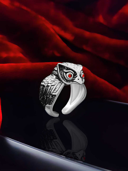 Saizen Silver Rings for Men Owl Face Ring - Rugged Lizard